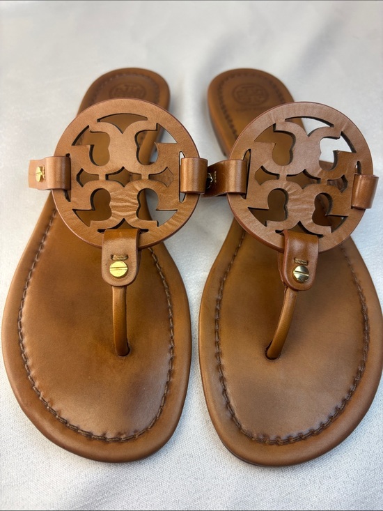 Tory Burch Shoes - Tory Burch Miller Leather Logo Thong Sandals in Cognac Brown with Gold Accents